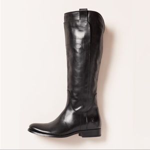 Frye Melissa Tall Riding Boots, black leather, knee high, low heel, size 9.5